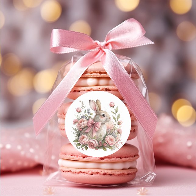 Pegatina Redonda Conejo de Pascua Lazo Rosa Flores (Easter bunny with pink bow sticker)