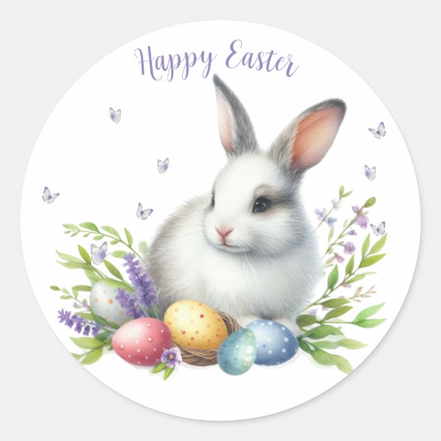 Pegatina Redonda Conejo de Pascua Personalizado Acuarela (Anverso)