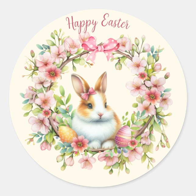 Pegatina Redonda Conejo de Pascua Personalizado Acuarela (Anverso)