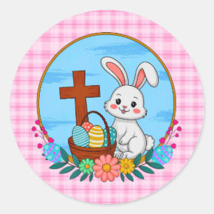 Pegatina Redonda Conejo de Pascua religioso con cruz y huevo floral