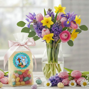 Pegatina Redonda Conejo de Pascua religioso con cruz y huevo floral