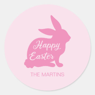 Pegatina Redonda Conejo de Pascua Rosa Feliz Silueta Nombre