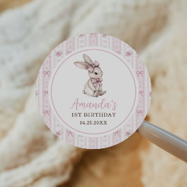 Pegatina Redonda Conejo de Pascua Vintage con Lazo Rosa Cumpleaños 