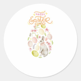 Pegatina Redonda Conejo de Pascua y huevos en acuarela
