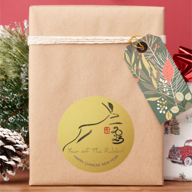 Pegatina Redonda Conejo de pintura original año nuevo lunar chino S (Vacaciones)