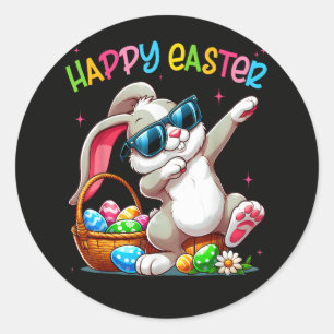 Pegatina Redonda Conejo divertido haciendo dabbing Pascua Feliz Pas
