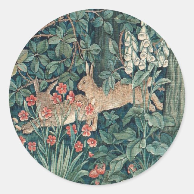 Pegatina Redonda Conejo En El Bosque - William Morris (Anverso)