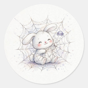 Pegatina Redonda Conejo en telaraña brillante de Halloween