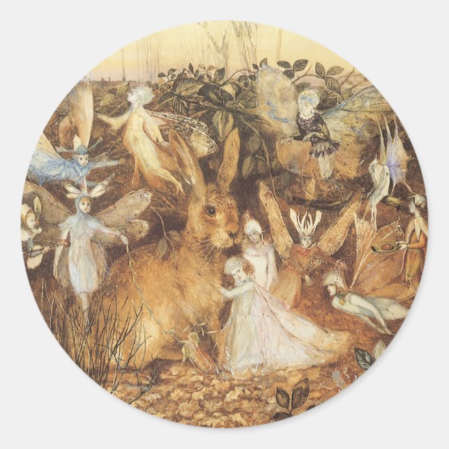 Pegatina Redonda Conejo entre las hadas, cuentos de hadas antiguos (Anverso)