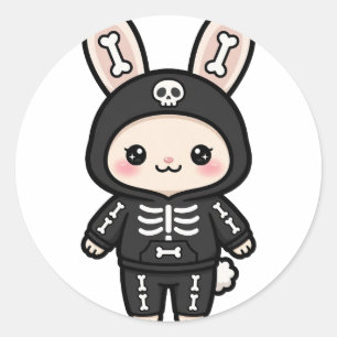 Pegatina Redonda Conejo Esqueleto Lindo Halloween