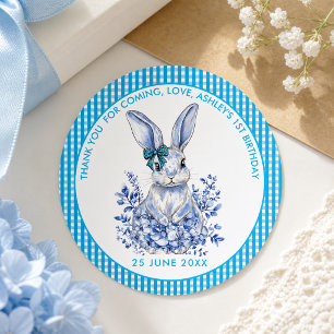 Pegatina Redonda Conejo Floral Azul Cumpleaños 1 para Niños