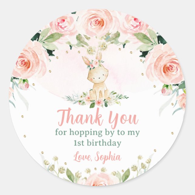 Pegatina Redonda Conejo floral rosado Rubor es Conejo de Cumpleaños (Anverso)