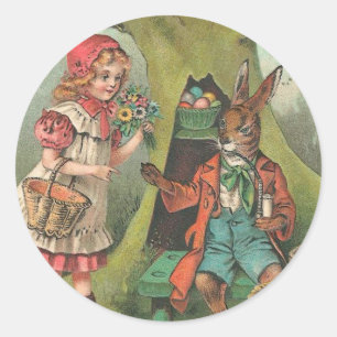 Pegatina Redonda Conejo Francés De Pascua Con Vintage De Pipe