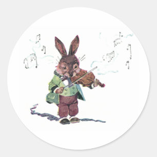 Pegatina Redonda Conejo jugando al violín