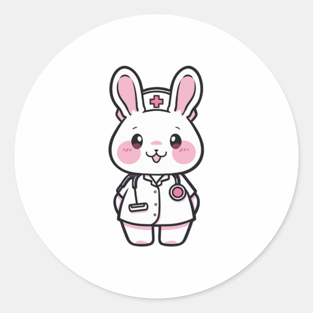 Pegatina Redonda Conejo Kawaii como enfermera (Anverso)