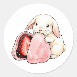 Pegatina Redonda Conejo Kawaii de Acuarela Comiendo Mochi de Fresa