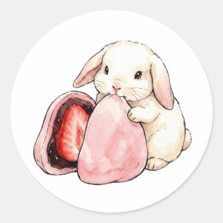 Pegatina Redonda Conejo Kawaii de Acuarela Comiendo Mochi de Fresa