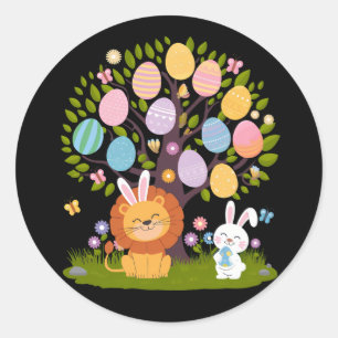 Pegatina Redonda Conejo León Pascua Lindo Árbol Cazando Huevos