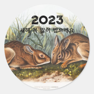 Pegatina Redonda Conejo Marsh Hare Feliz Año Nuevo 2023 en coreano