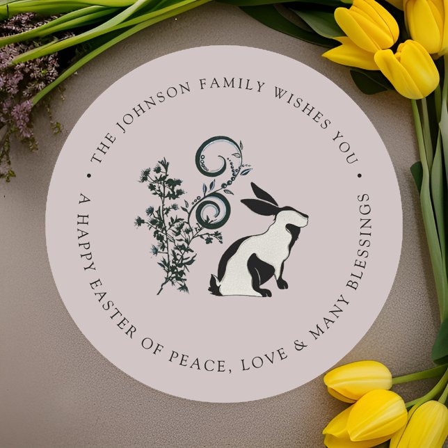 Pegatina Redonda Conejo moderno y feliz de Pascua personalizado (Subido por el creador)