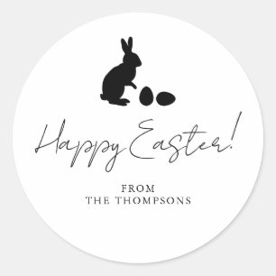 Pegatina Redonda Conejo Negro Y Silueta De Huevos Feliz Pascua