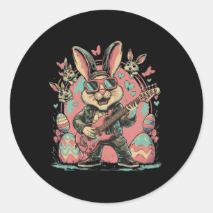 Pegatina Redonda Conejo Rocker Genial Con Guitarra Eléctrica Para R