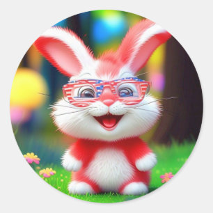 Pegatina Redonda Conejo rojo con gafas americanas-44244