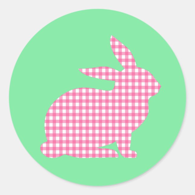 Pegatina Redonda Conejo Rosa Gingham (Anverso)