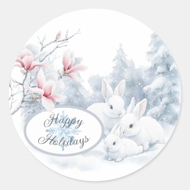 Pegatina Redonda Conejos blancos en vacaciones de invierno de nieve (Anverso)