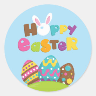 Pegatina Redonda Conejos de Pascua felices huevos