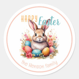 Pegatina Redonda Conejos de Pascua Feliz Personalizados Huevos Fami