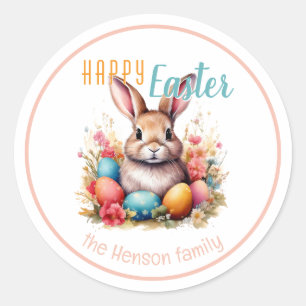 Pegatina Redonda Conejos de Pascua Feliz Personalizados Huevos Fami