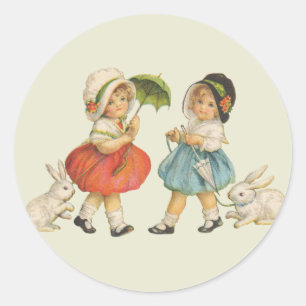 Pegatina Redonda Conejos de Pascua vintage niños sombreros Antiguo