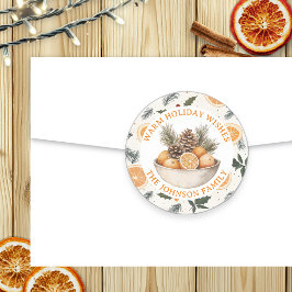 Pegatina Redonda Cones de pino y Naranjas Navidades personalizados