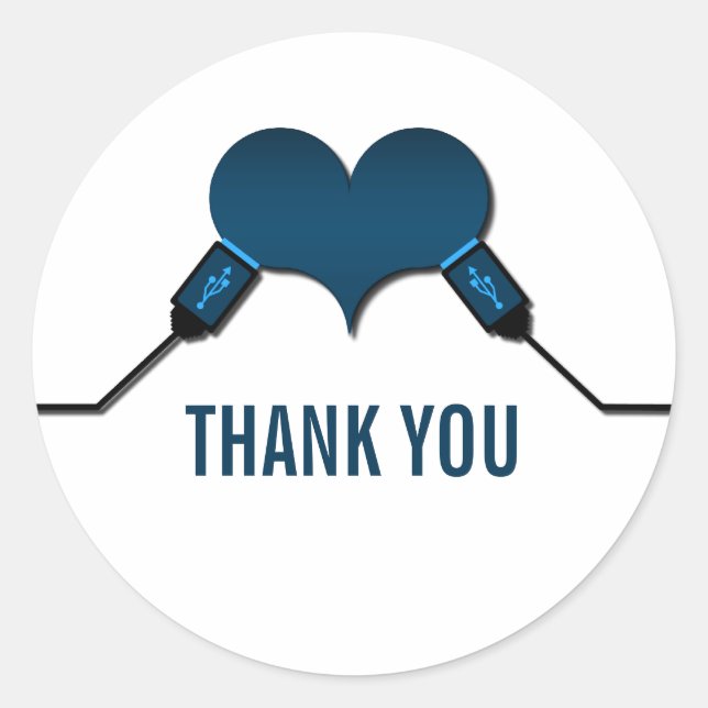 Pegatina Redonda Conexión de amor USB Gracias Pegatinas, azul (Anverso)