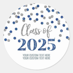 Pegatina Redonda Confeti Azul Plateado Graduación 2025