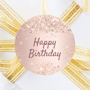 Pegatina Redonda Confeti de oro del rosa de cumpleaños feliz
