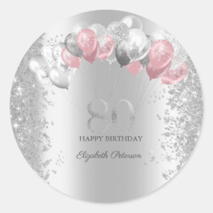 Pegatina Redonda Confeti Plateado Brillo Globos Rosa Plateados 80 C