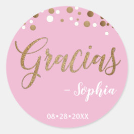 Pegatina Redonda Confeti Rosa y Dorado Gracias Feliz Cumpleaños
