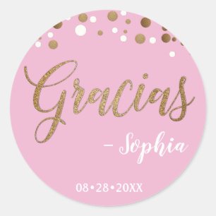 Pegatina Redonda Confeti Rosa y Dorado Gracias Feliz Cumpleaños