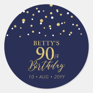 Pegatina Redonda Confetti azul de la Marina de Oro 90 cumpleaños a