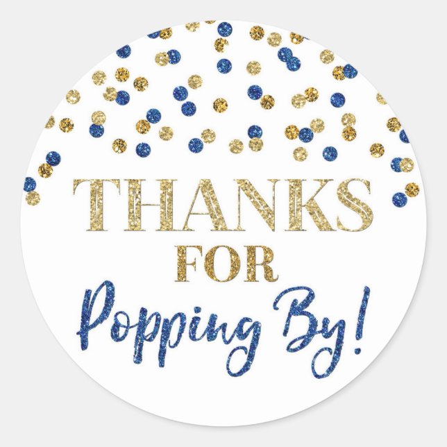 Pegatina Redonda Confetti azul dorado gracias por pasarse (Anverso)