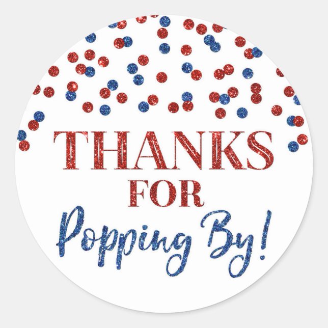 Pegatina Redonda Confetti azul rojo gracias por pasar (Anverso)