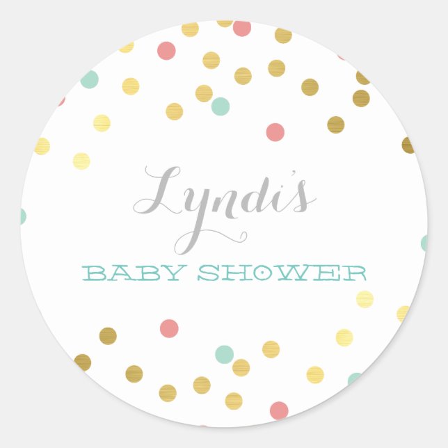 Pegatina Redonda CONFETTI BABY SHOWER lindo oro Relieve metalizado  (Anverso)