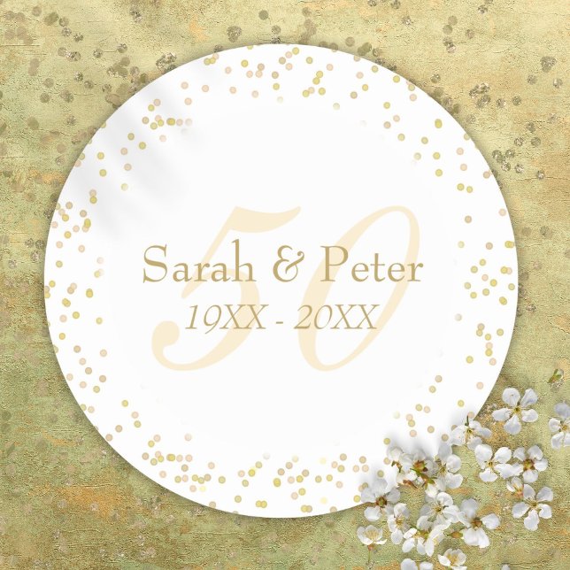 Pegatina Redonda Confetti de oro en el 50 aniversario de los Bodas  (50th Golden Wedding Anniversary Gold Confetti Classic Round Sticker)