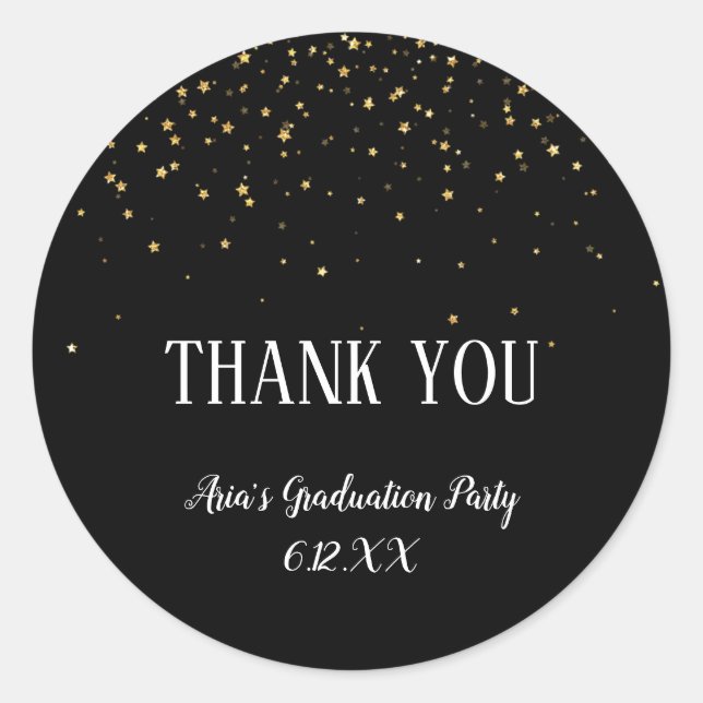 Pegatina Redonda Confetti de oro en graduación negra gracias a ti (Anverso)