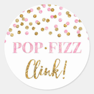 Pegatina Redonda Confetti de oro rosa Pop Fizz Clink Ducha de novia