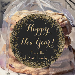 Pegatina Redonda Confetti de oro simple y negro feliz año nuevo