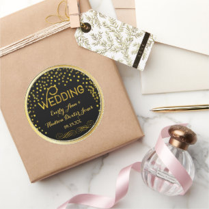 Pegatina Redonda Confetti negro y oro Boda moderno