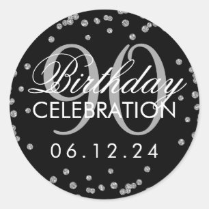 Pegatina Redonda Confetti, Purpurina de cumpleaños 90 negro platead